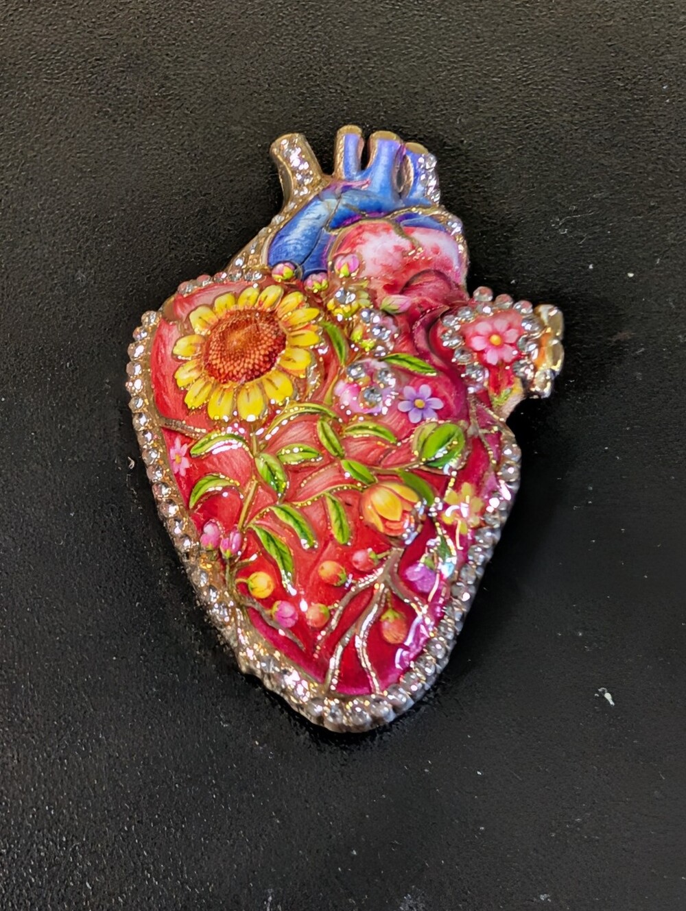 Floral Anatomical Heart Brooch Pin - Pink and Blue